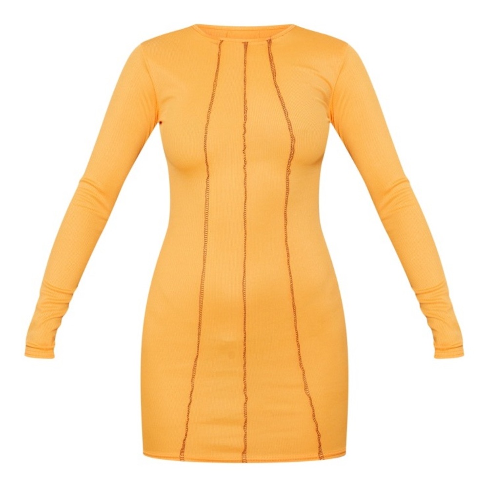 NWT PrettyLittleThing Orange Rib Contrast Stitch Long Sleeve Bodycon Dress